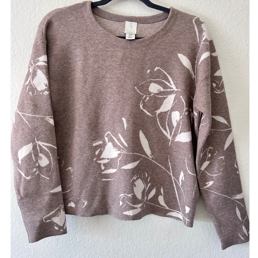 Joie Floral Knit Sweater‎ Quiet Luxury Preppy Taupe Ivory Button Back SZ M